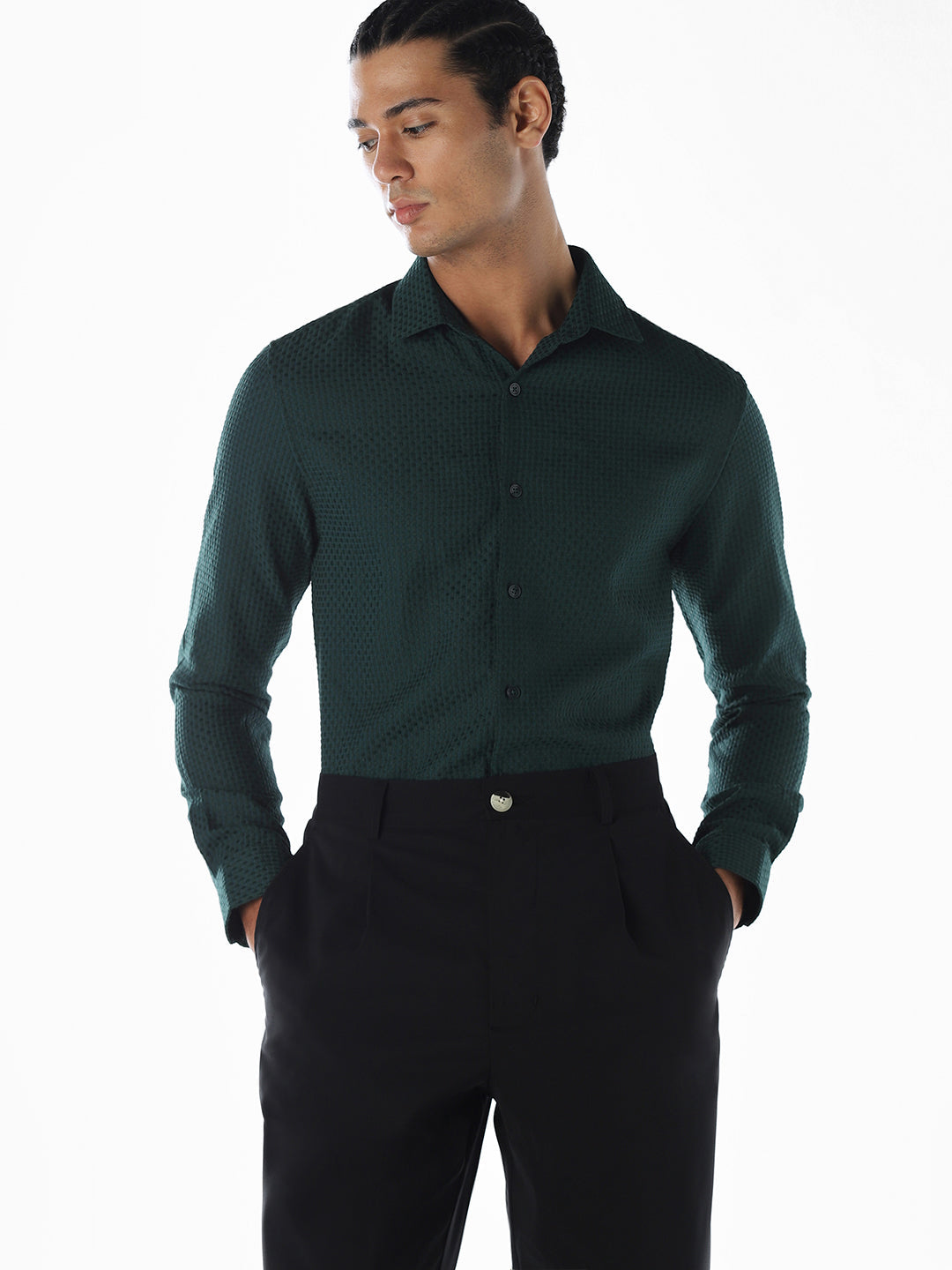 Dobby Slim Fit Green Shirt - S
