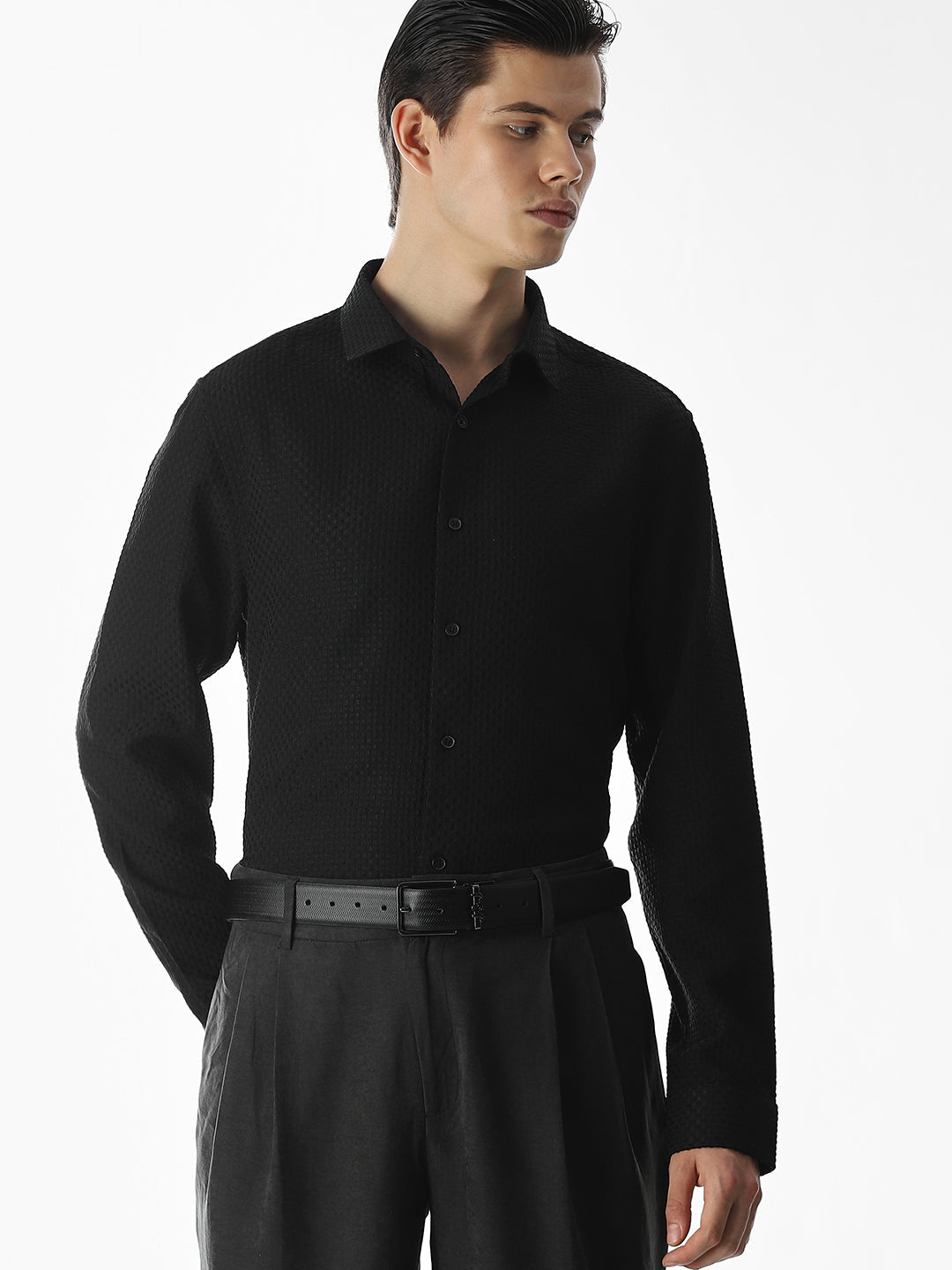 Black Dobby Slim Fit Formal Shirt - S