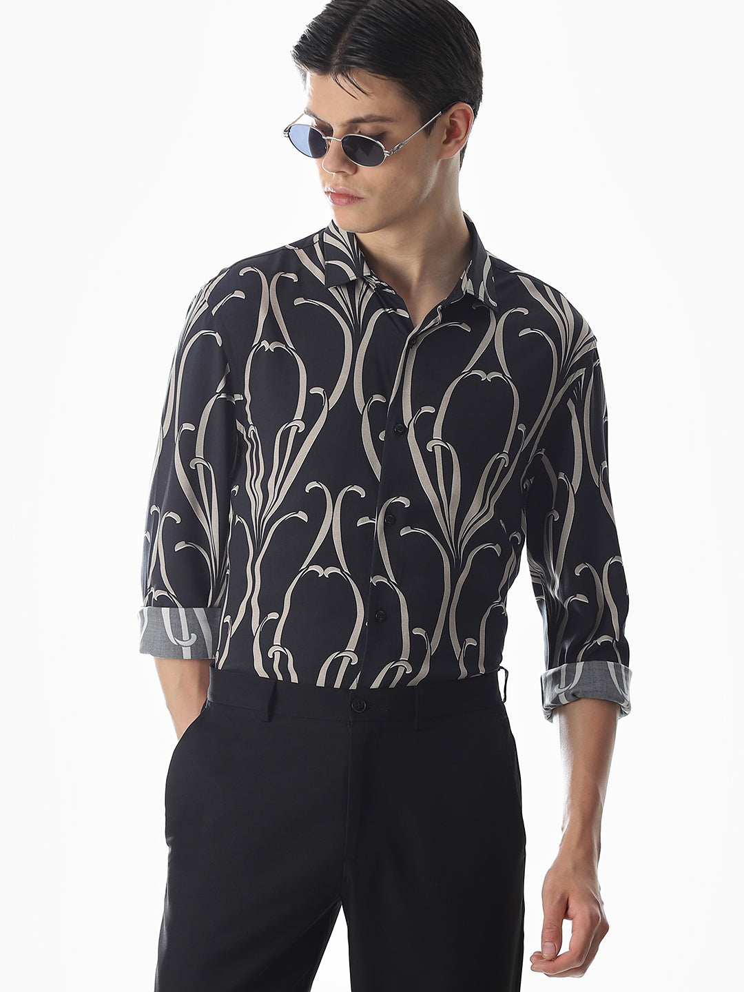 Black Printed Viscose Slim Fit Shirt - S