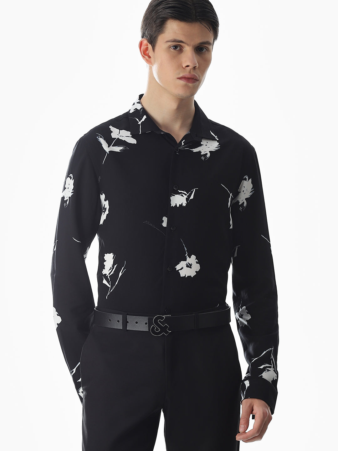Black Viscose Floral Slim Fit Shirt - L