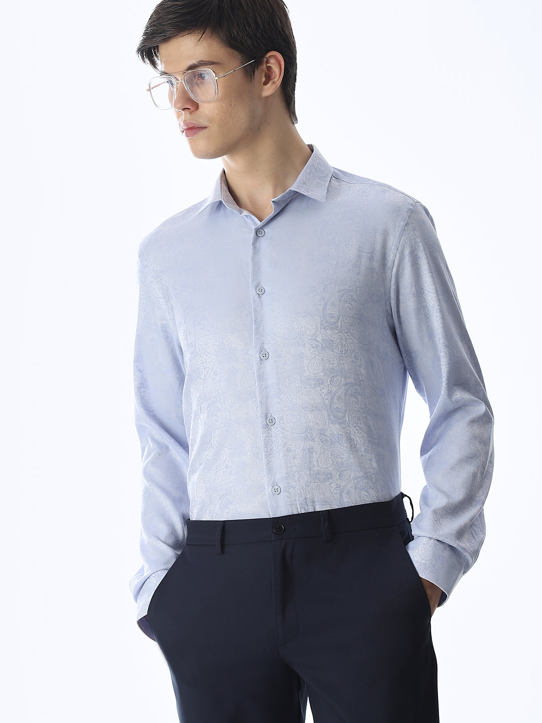Light Blue Printed Dobby Shirt - M