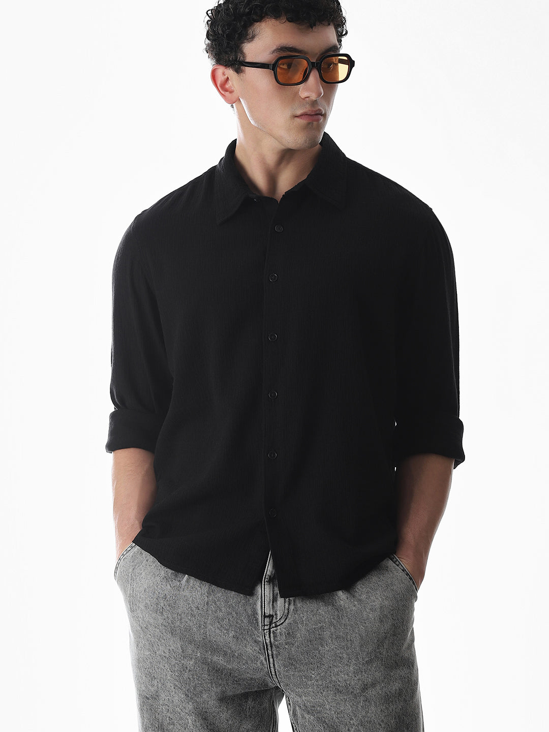 Black Jacquard Oversized Shirt - M