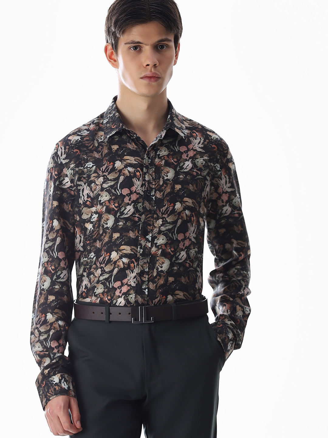 Olive Green Floral Slim Fit Shirt