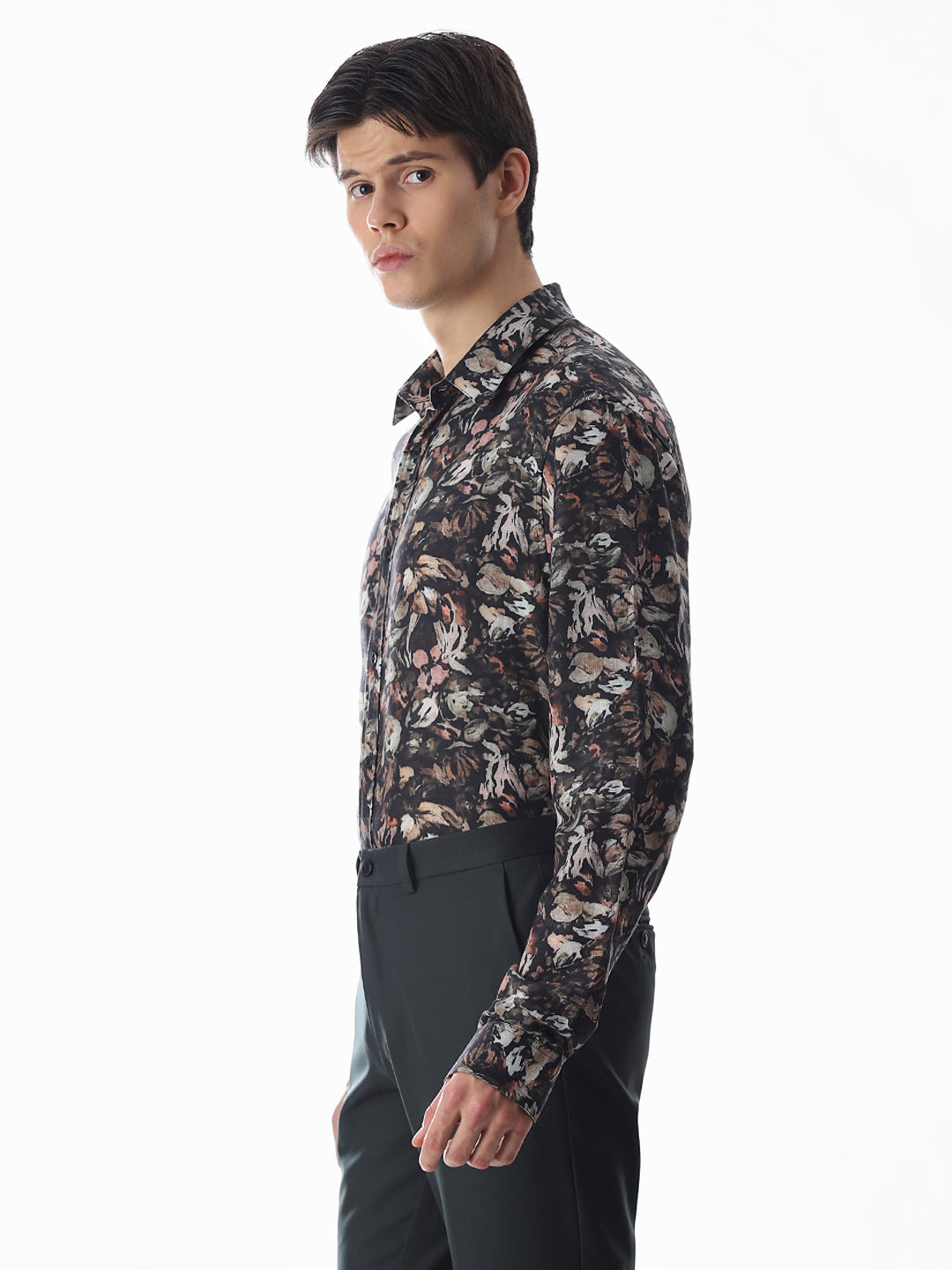 Olive Green Floral Slim Fit Shirt