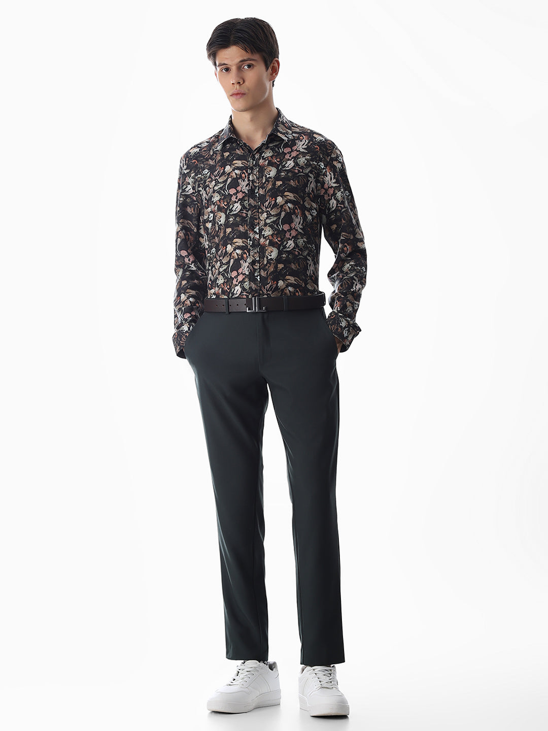 Olive Green Floral Slim Fit Shirt