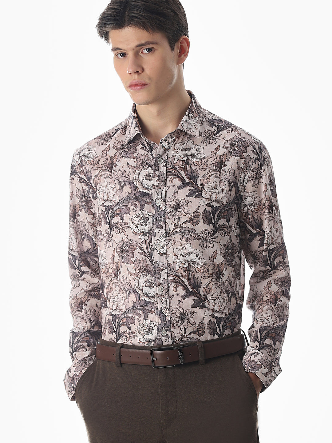 Brown Printed Slim Fit Shirt - S