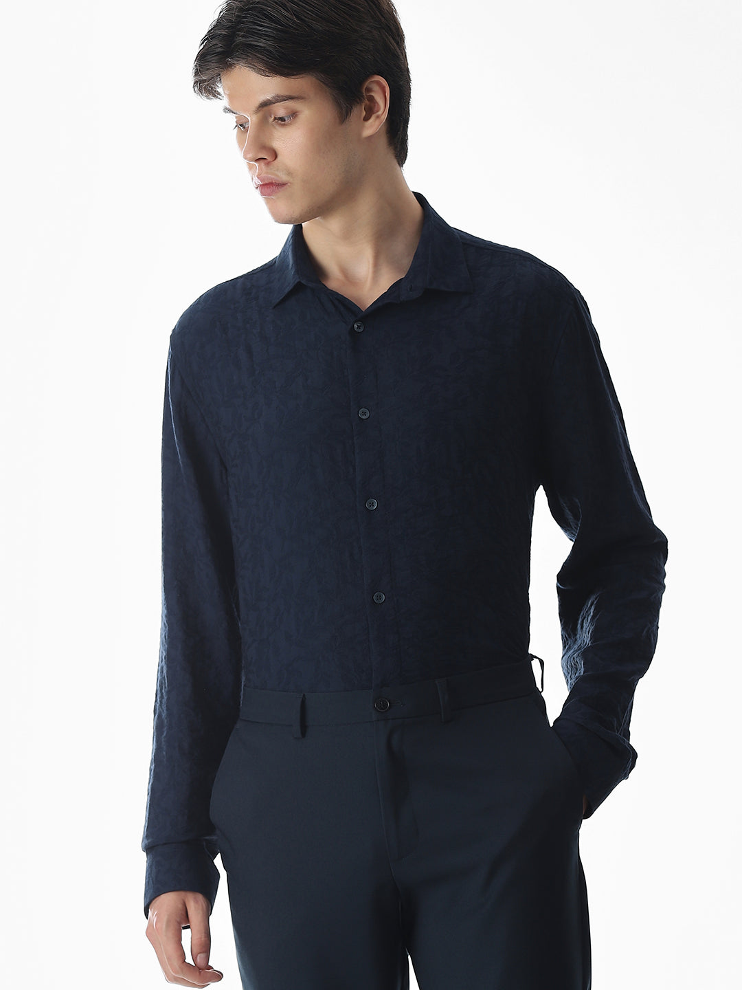 Dark Blue Dobby Printed Shirt - XL
