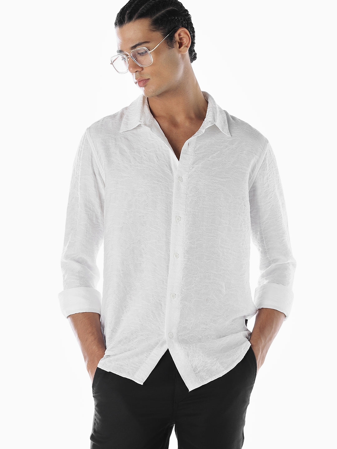 White Dobby Viscose Blend Shirt - M