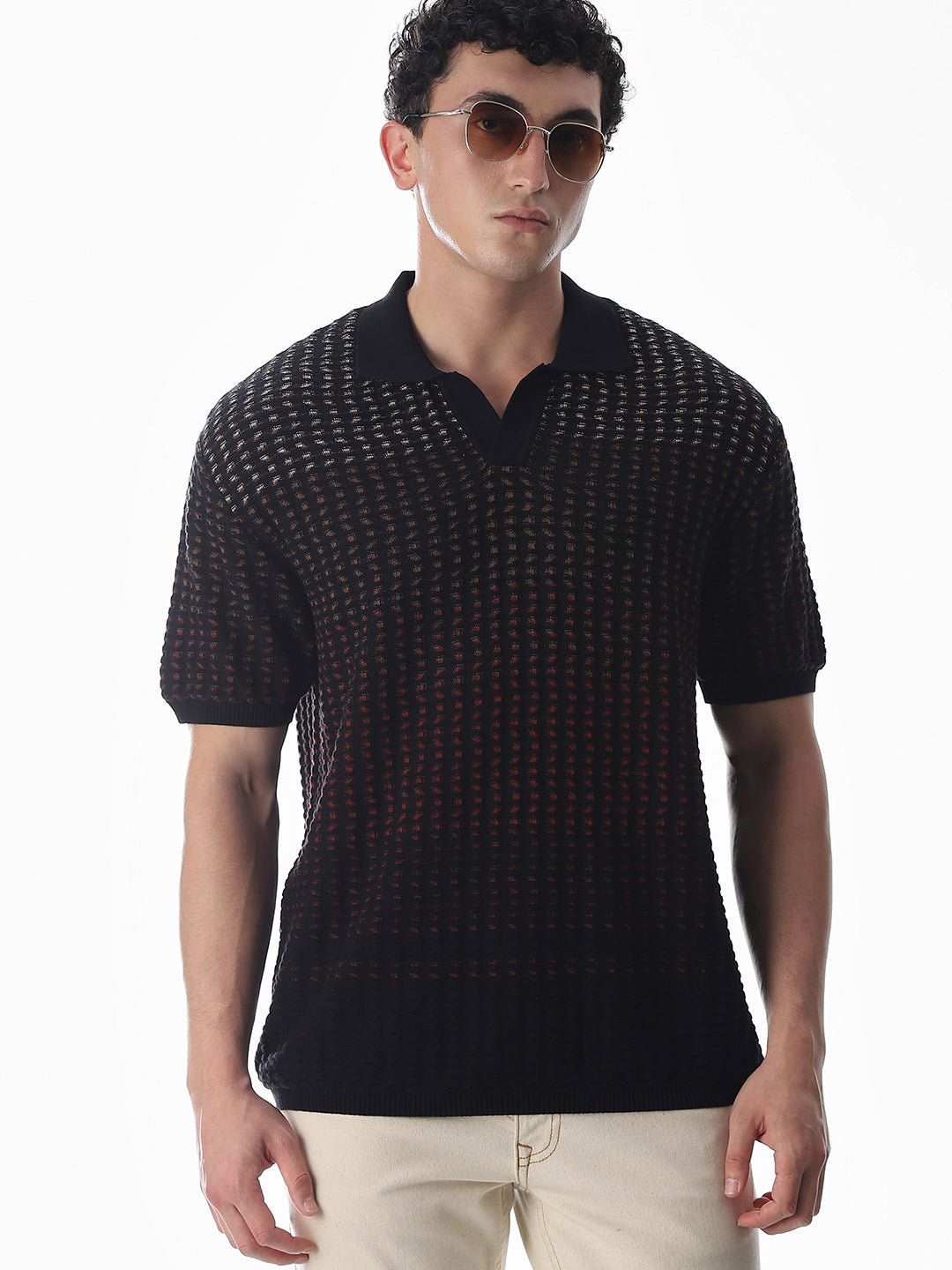 Black Jacquard Knitted Boxy Fit Polo