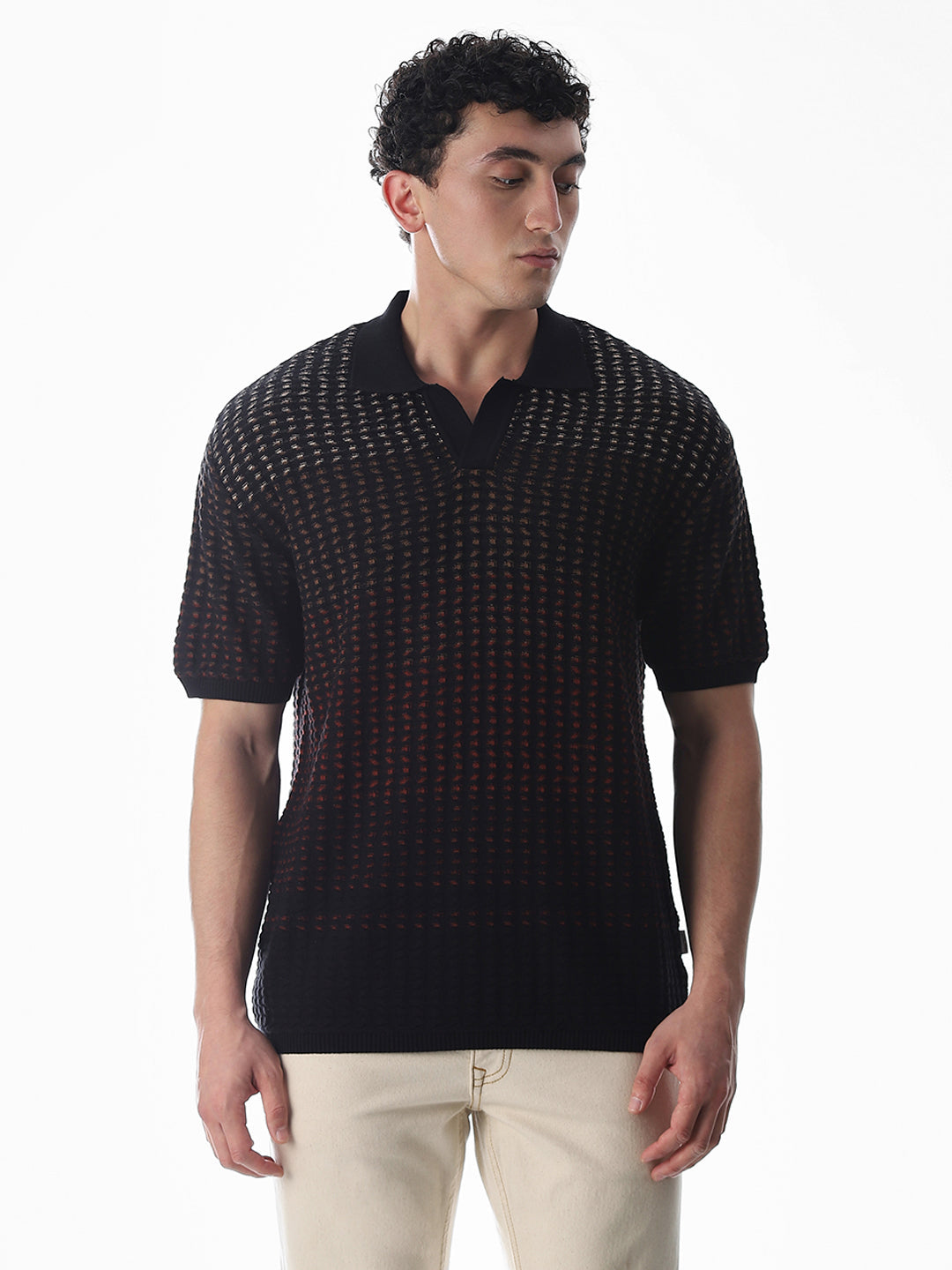 Buy Black Jacquard Knitted Boxy Fit Polo for Mens Online at