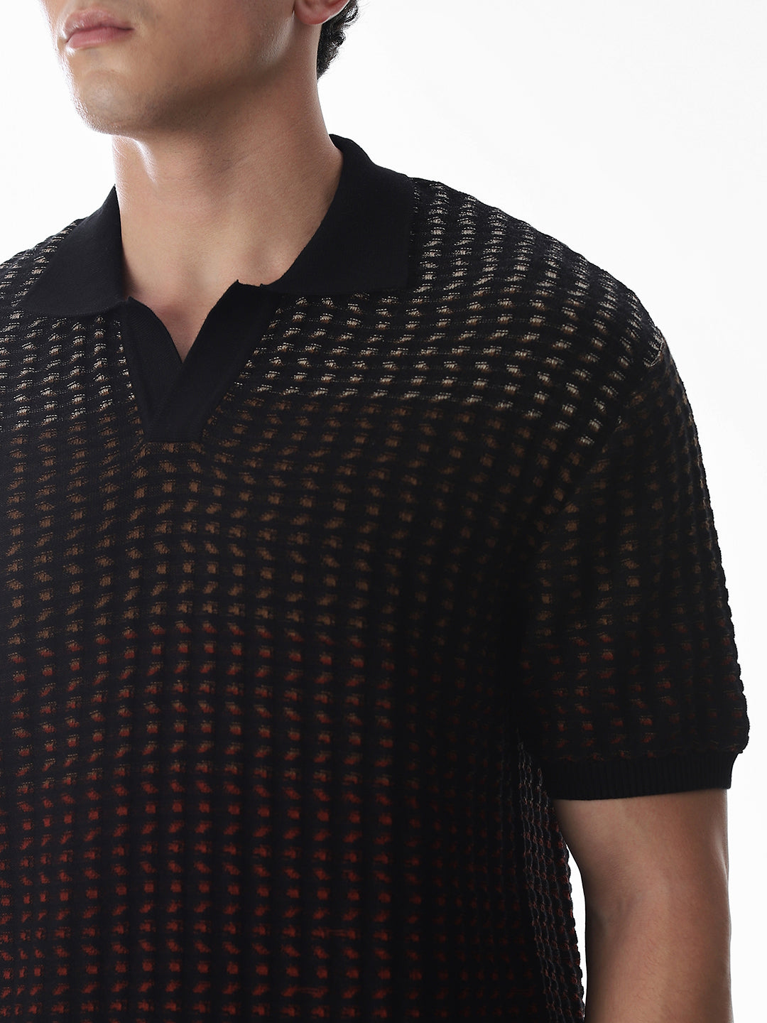 Black Jacquard Knitted Boxy Fit Polo
