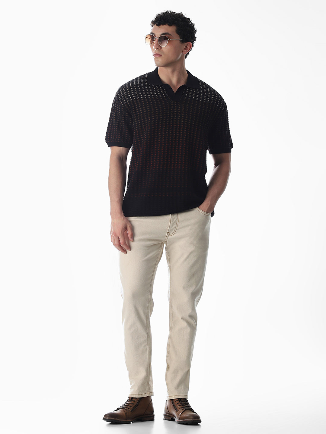 Black Jacquard Knitted Boxy Fit Polo