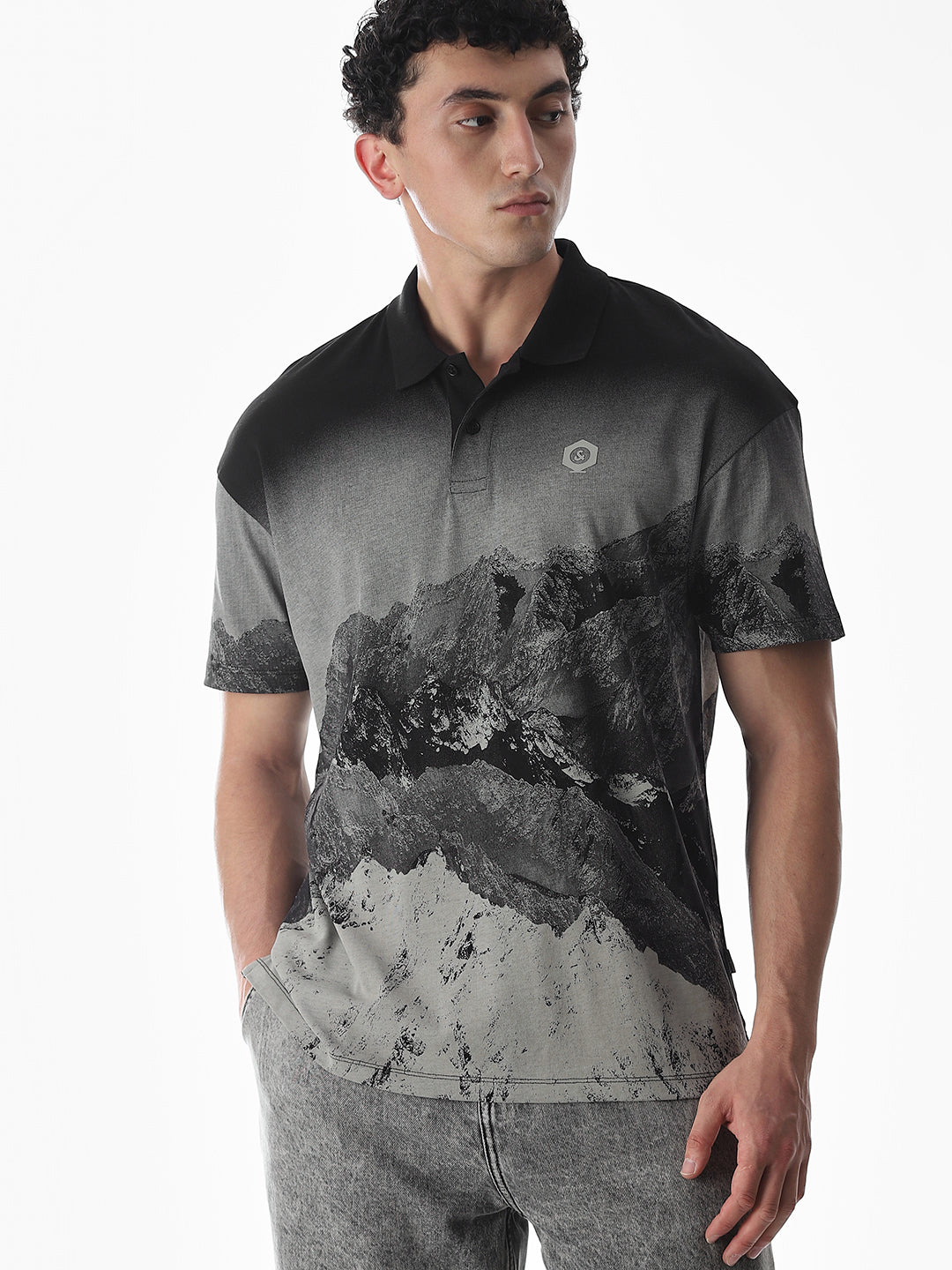 Black Printed Cotton Polo - L
