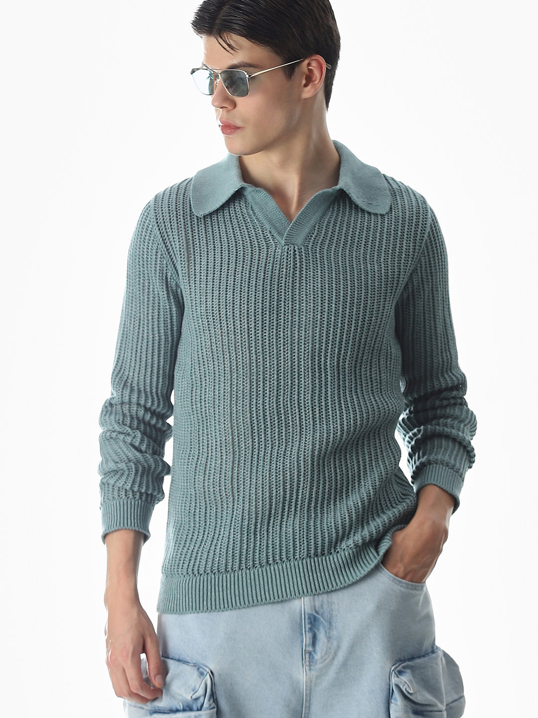 Green Knitted Boxy Fit Polo - S