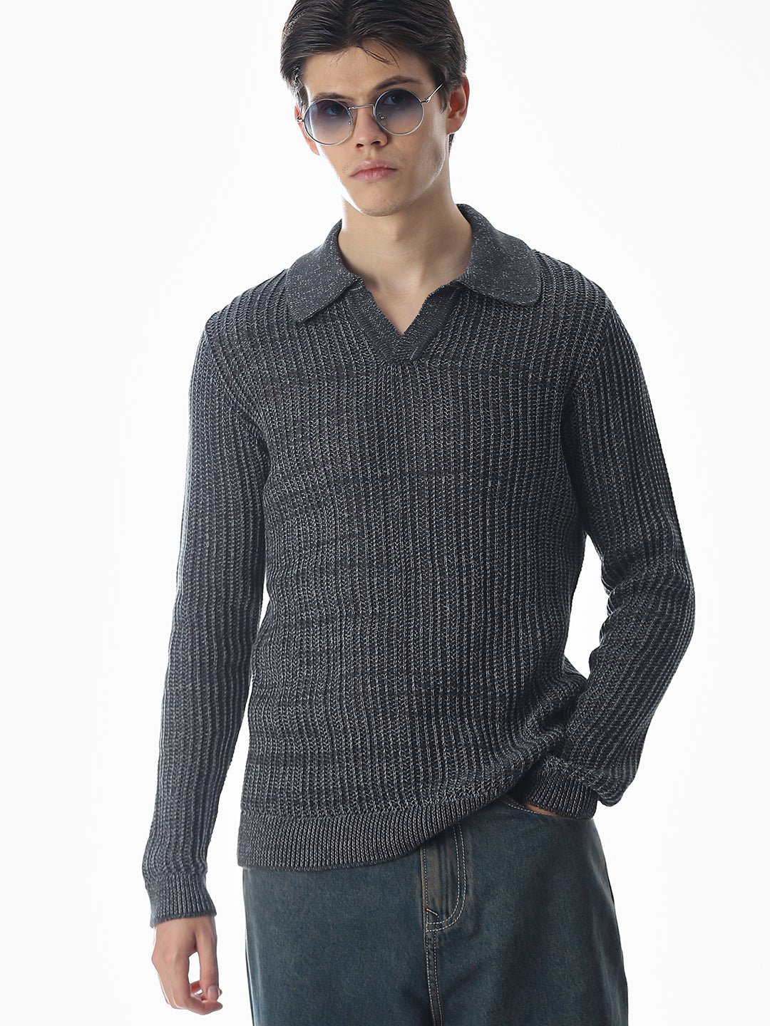 Dark Grey Knitted Boxy Fit Polo - M