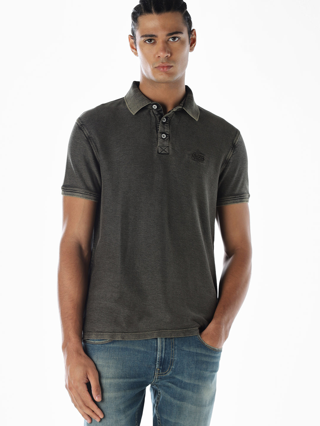 Washed Dark Grey Cotton Polo - M