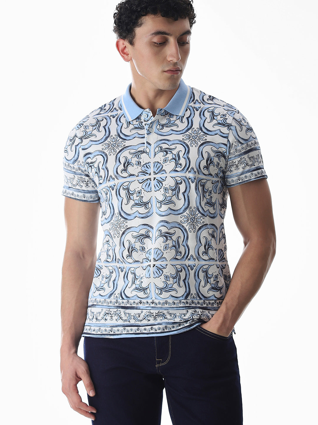 White & Blue Printed Cotton Polo - S
