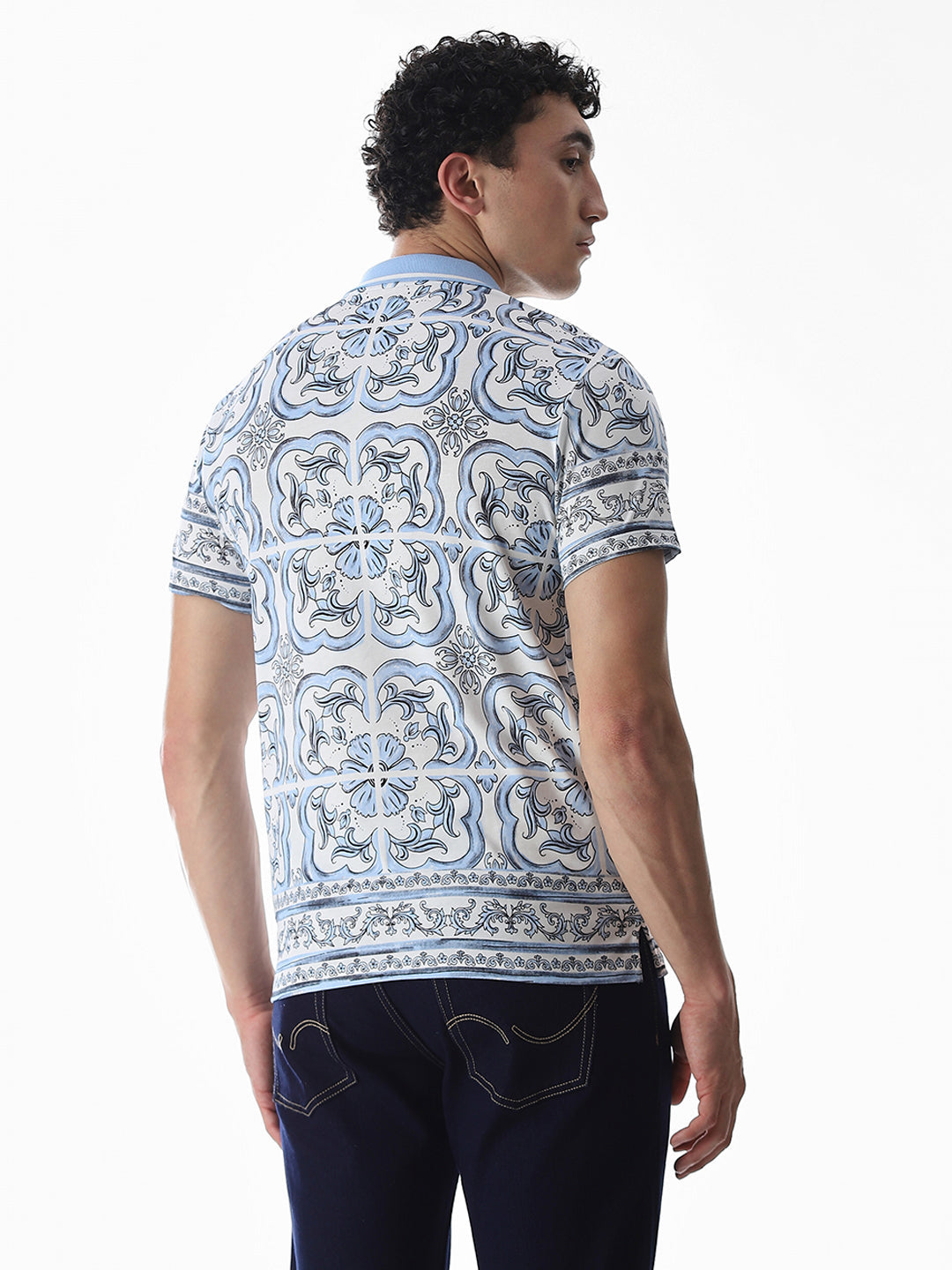 White & Blue Printed Cotton Polo