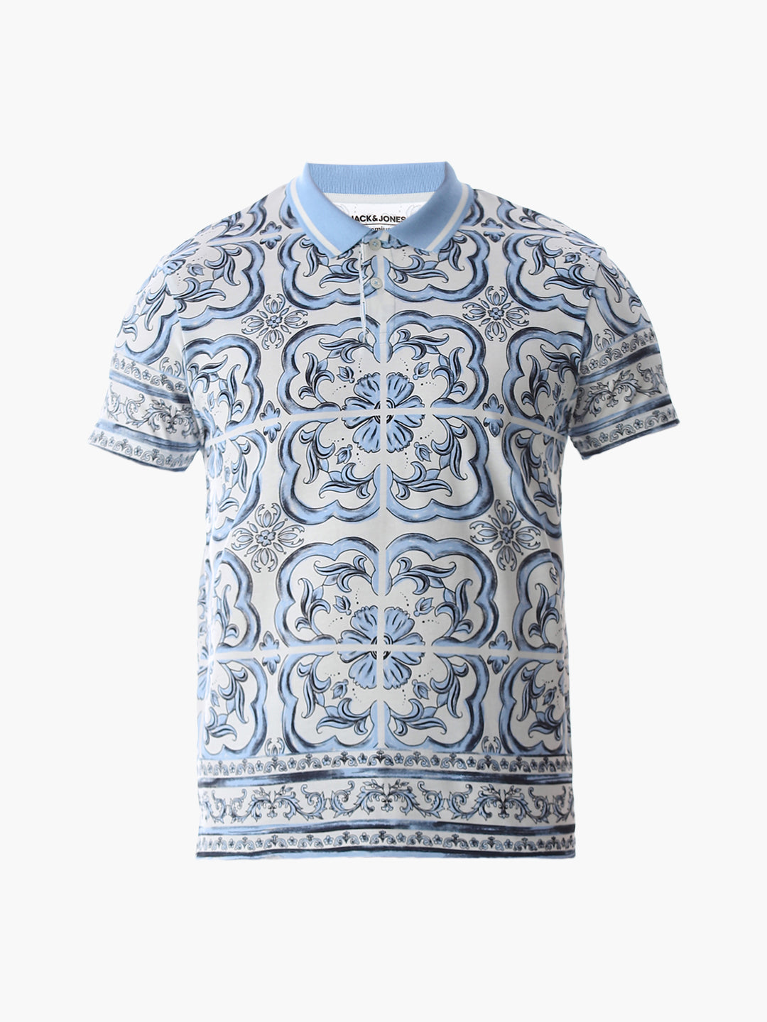 White & Blue Printed Cotton Polo