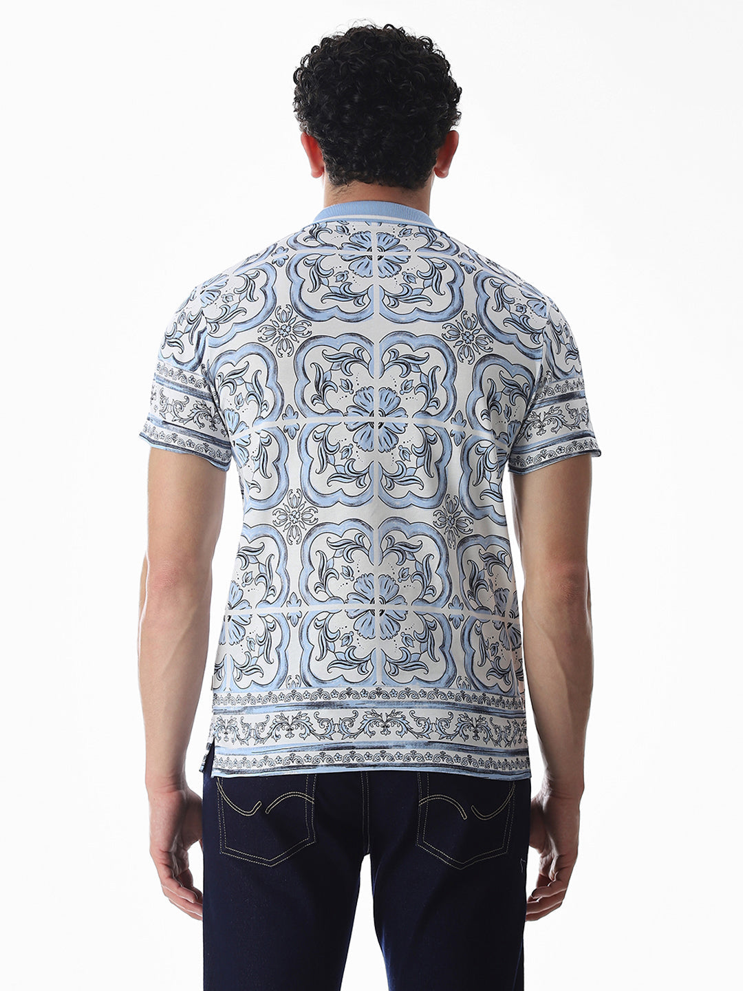 White & Blue Printed Cotton Polo