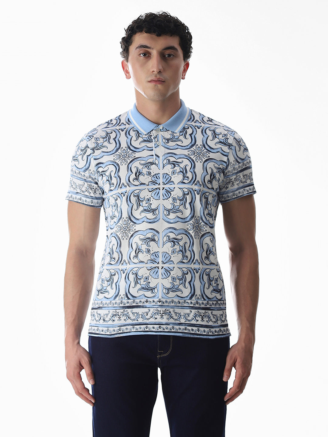 White & Blue Printed Cotton Polo