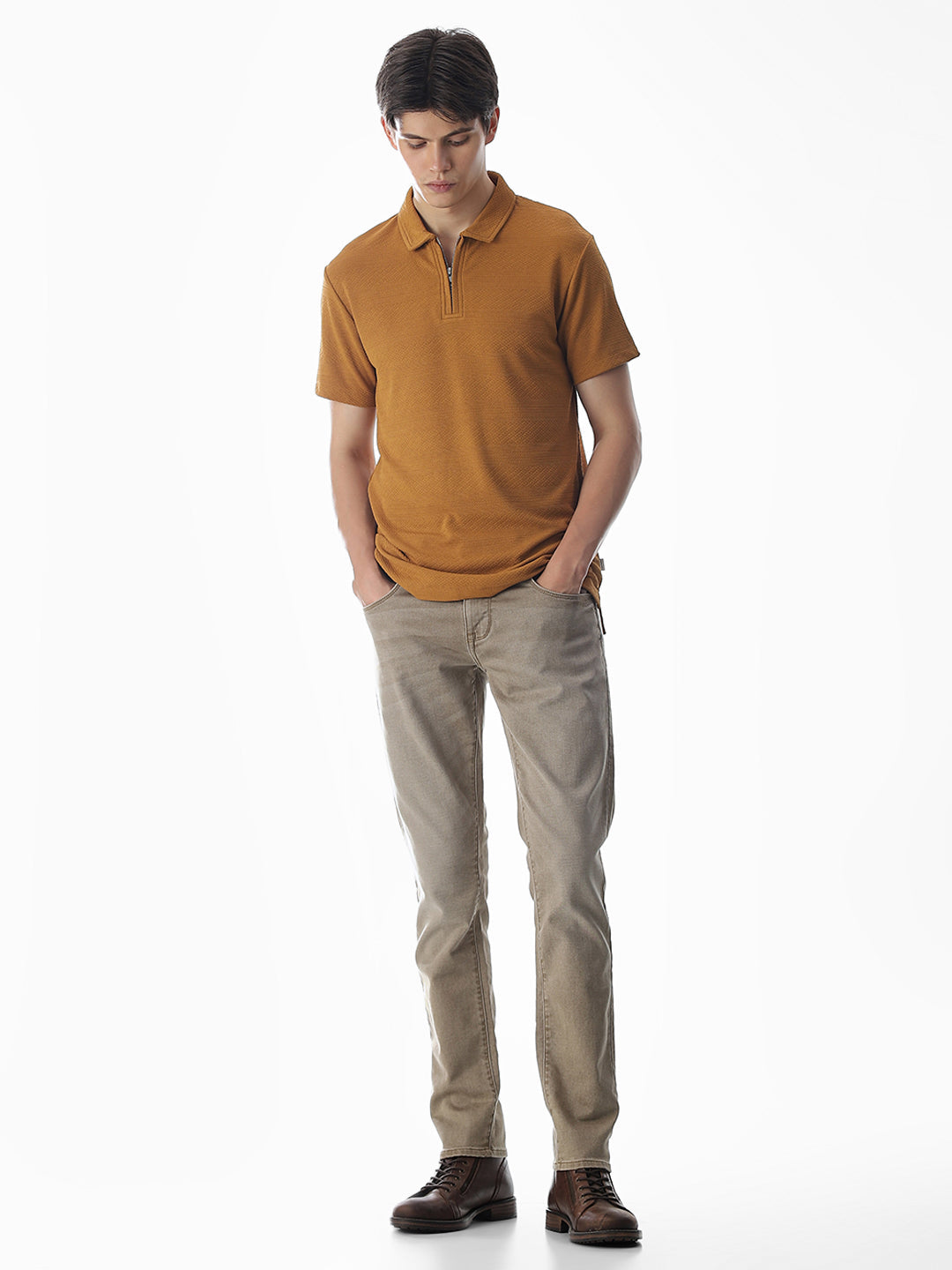 Brown Jacquard Half-Zip Polo