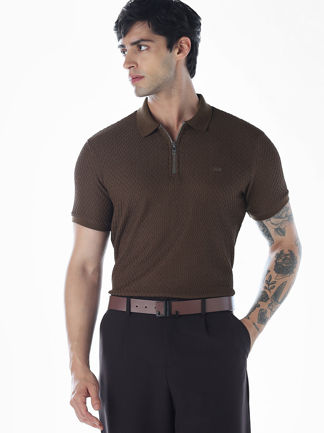 Zip Detail Brown Polo - M