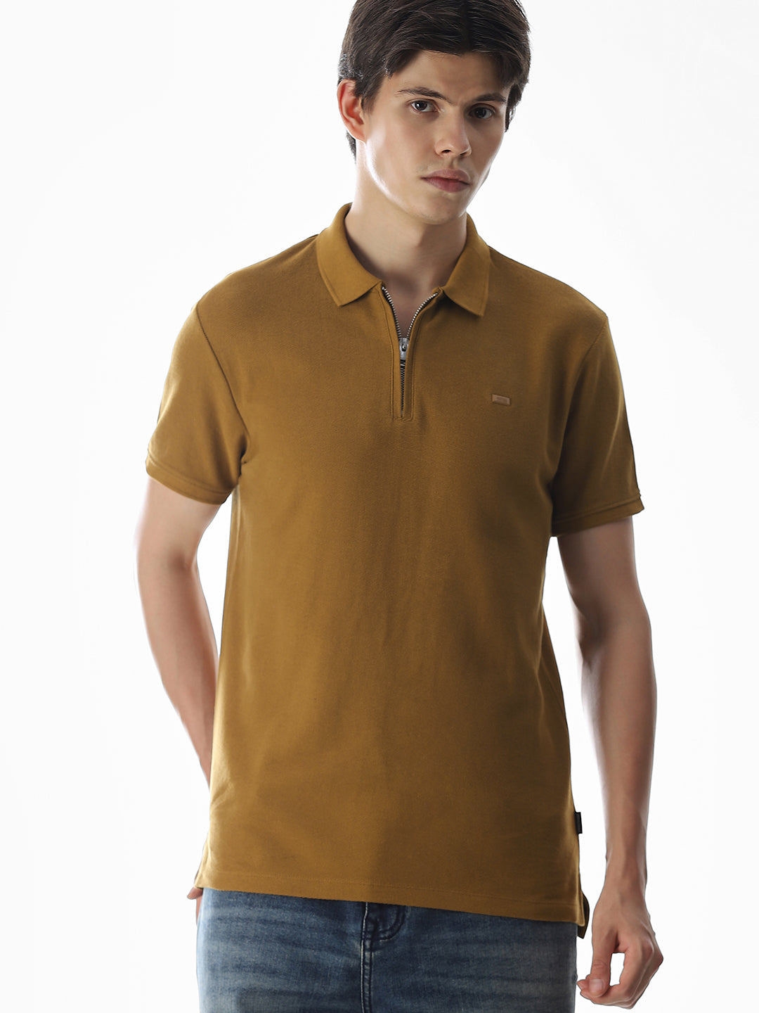 Brown Zip-Up Cotton Polo - S