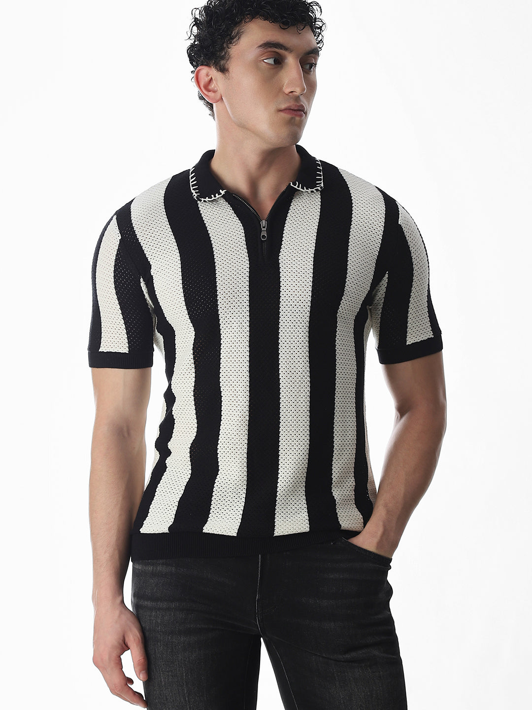 Jacquard Striped Knitted Polo - S
