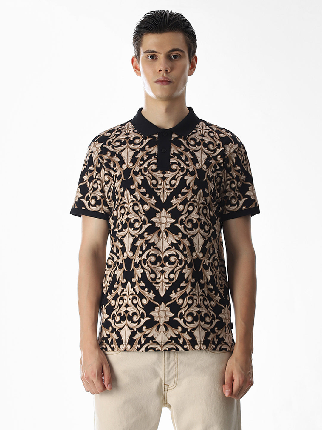 Black Printed Cotton Polo