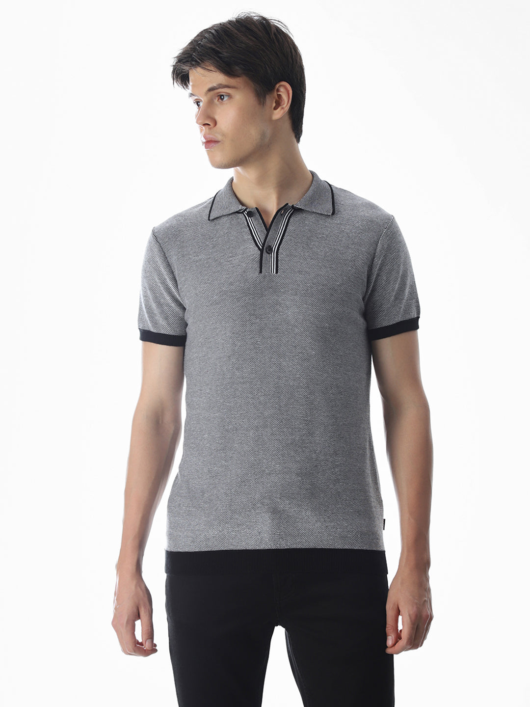 Grey Jacquard Knitted Polo
