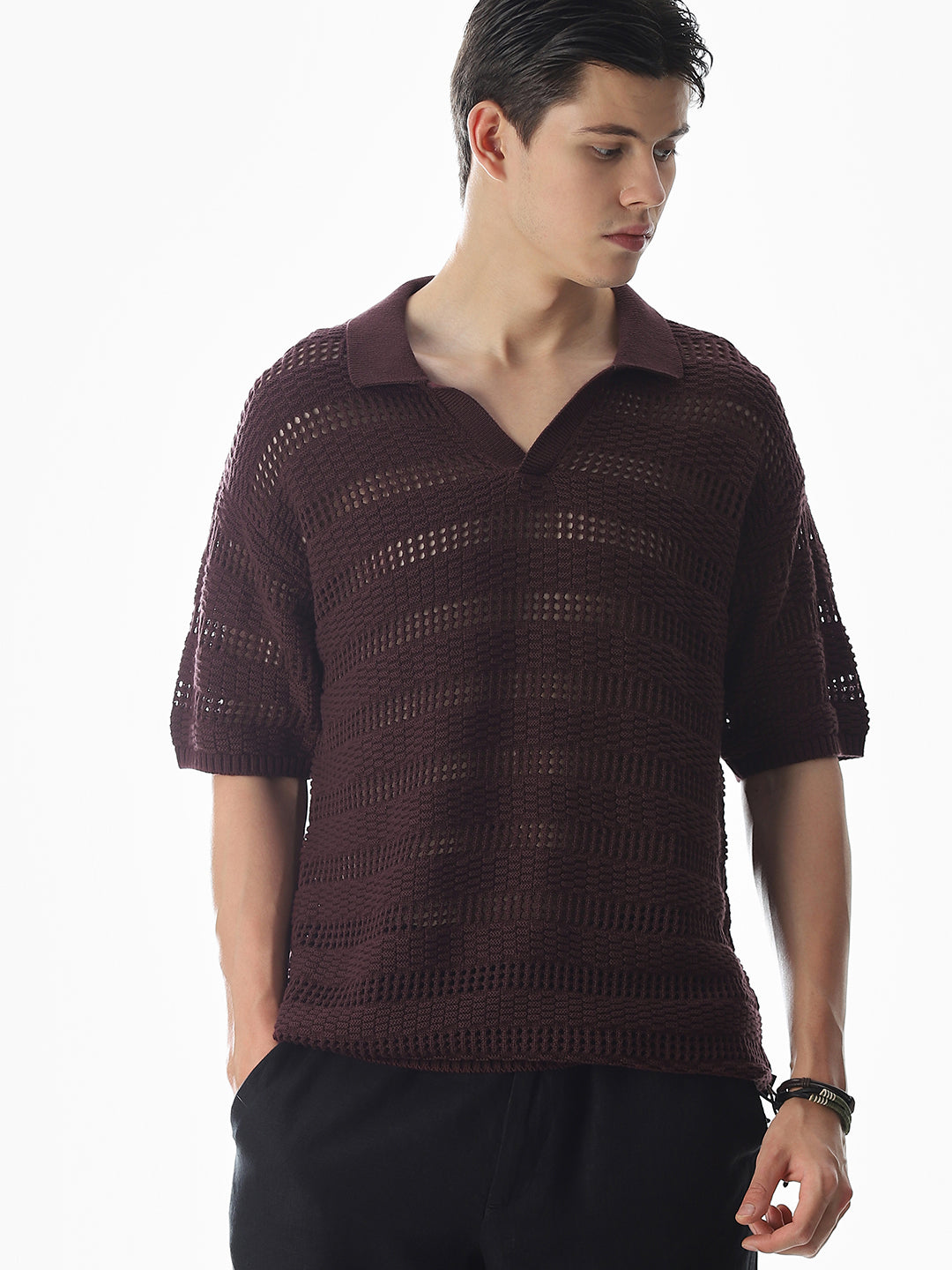 Wine Knitted Jacquard Oversized Polo - XS