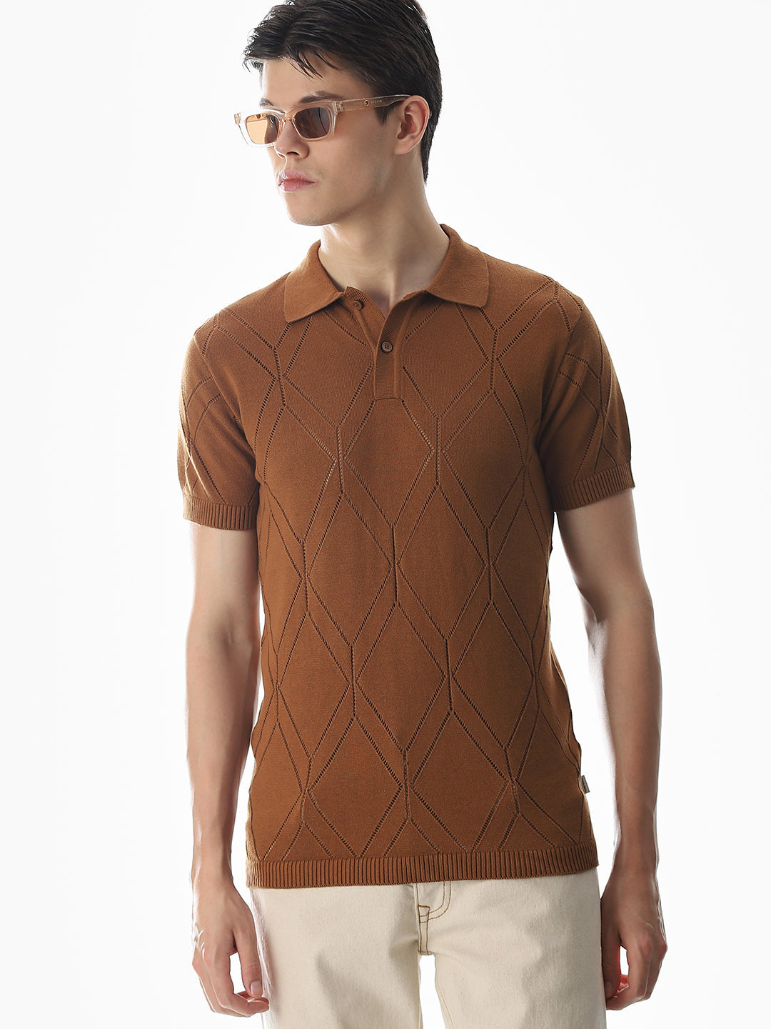 Brown Knitted Jacquard Polo - S