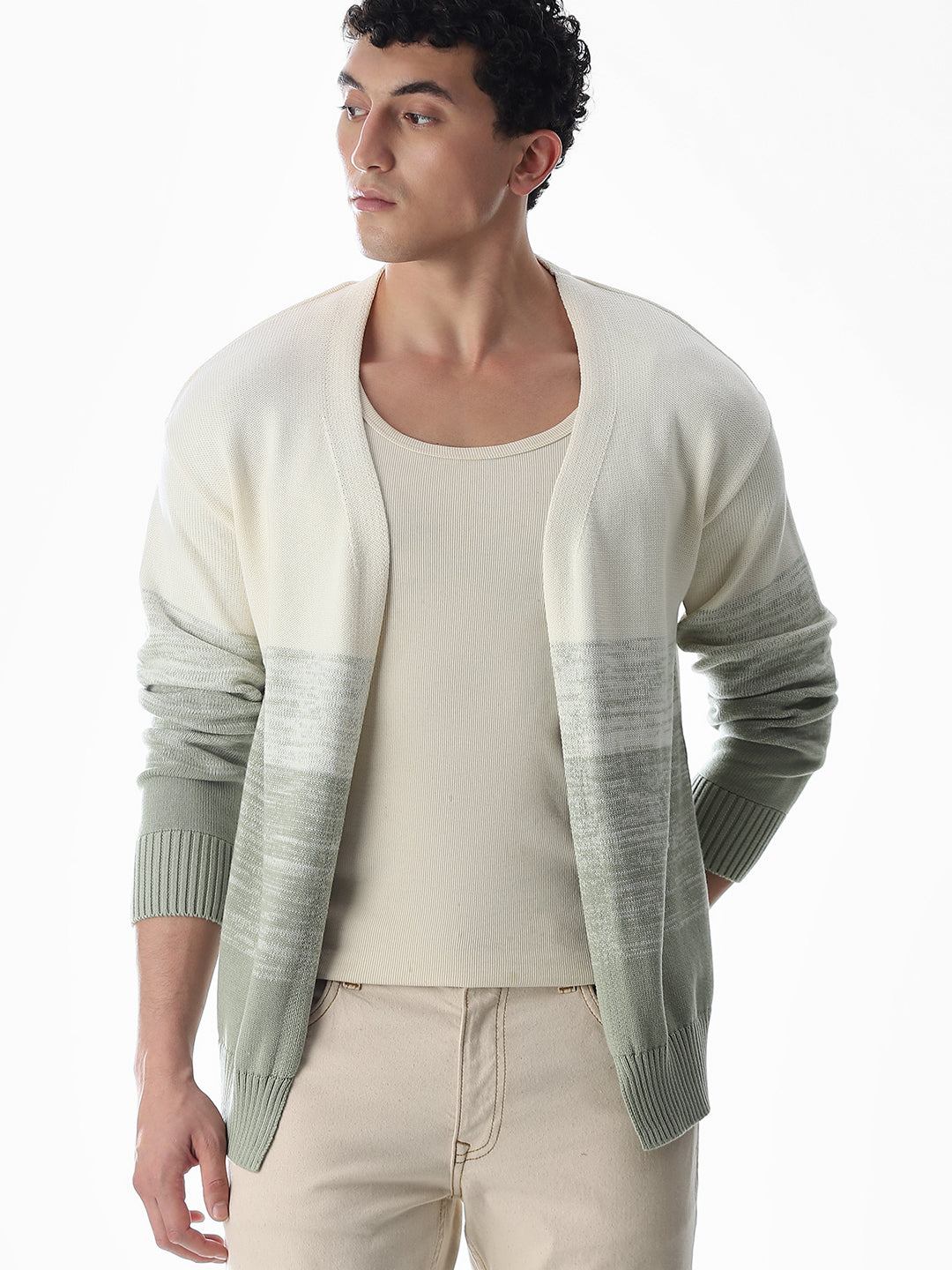 Green Printed Front Open Cardigan - XS