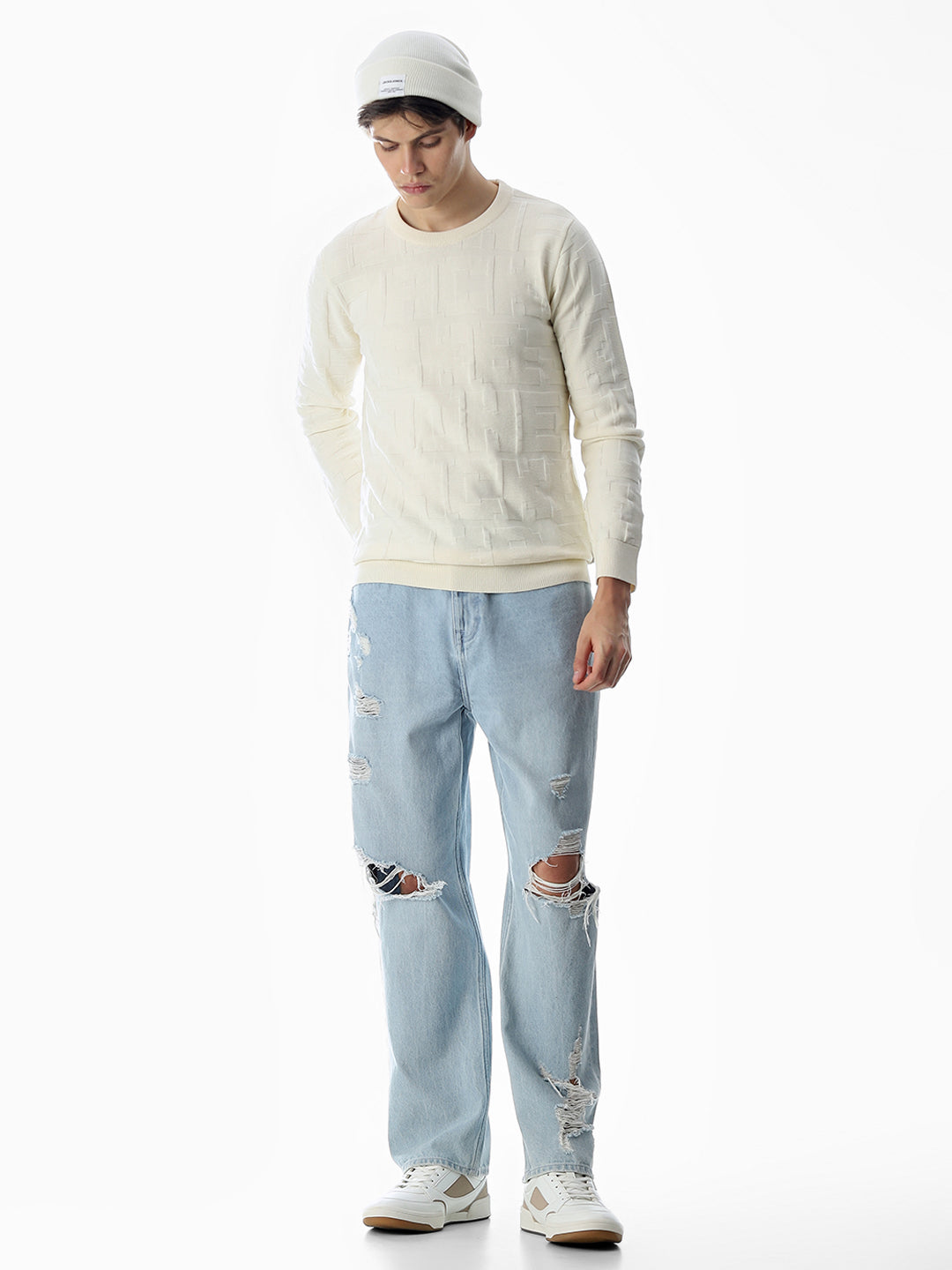 White Jacquard Cotton Pullover