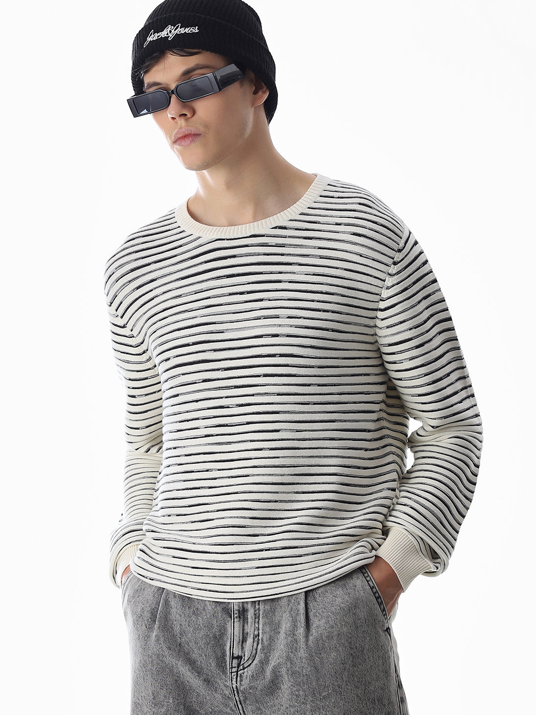 Cream Striped Cotton Pullover - S