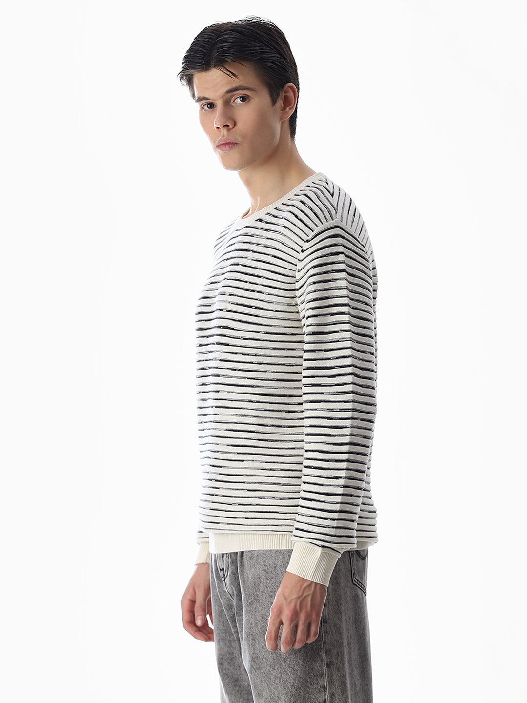 Cream Striped Cotton Pullover