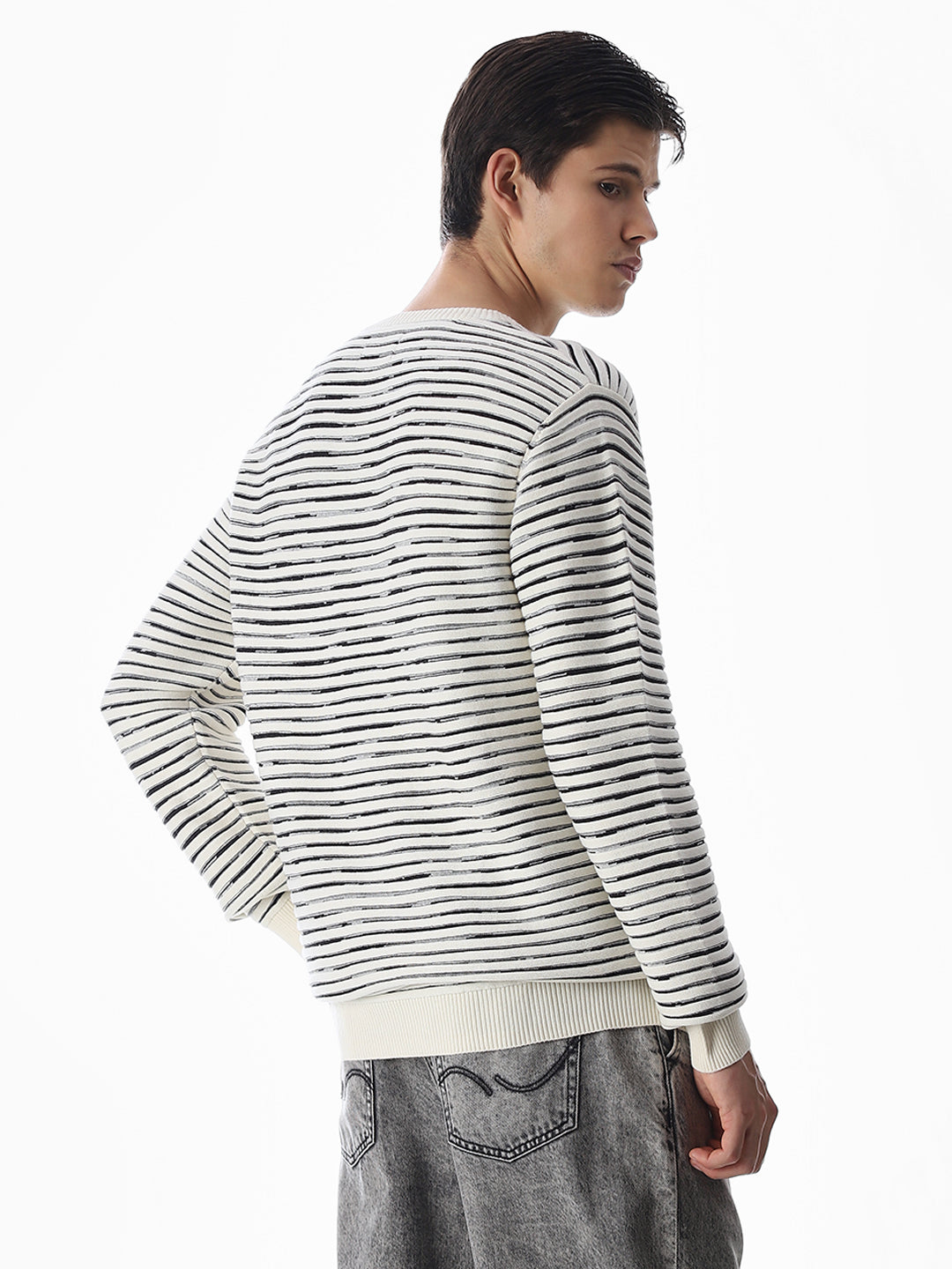 Cream Striped Cotton Pullover