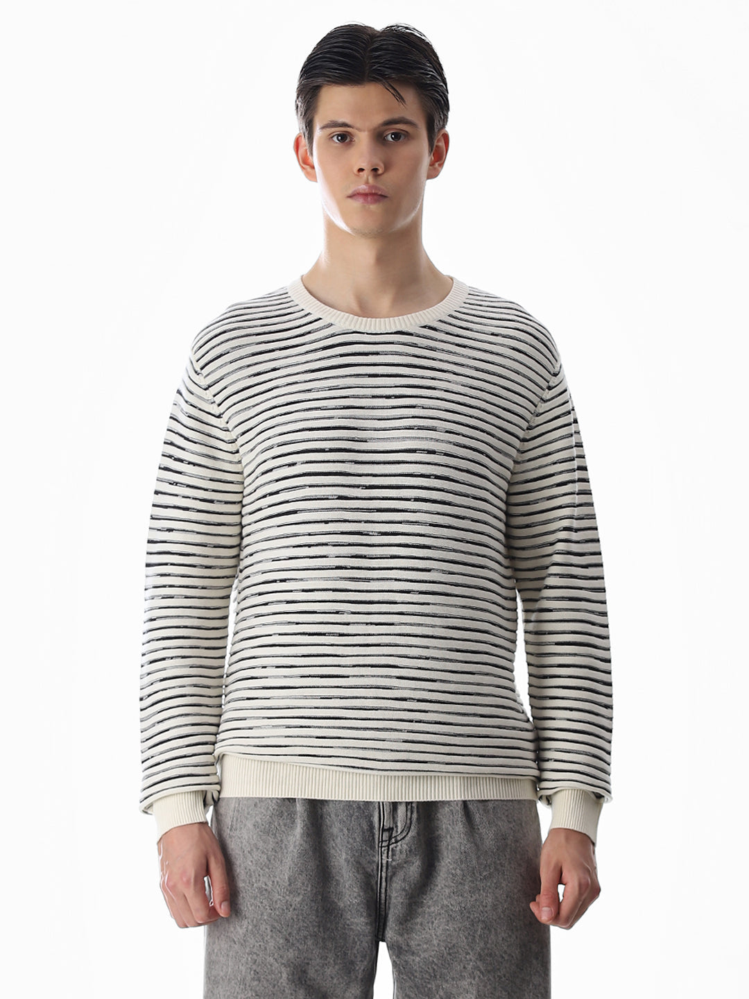 Cream Striped Cotton Pullover