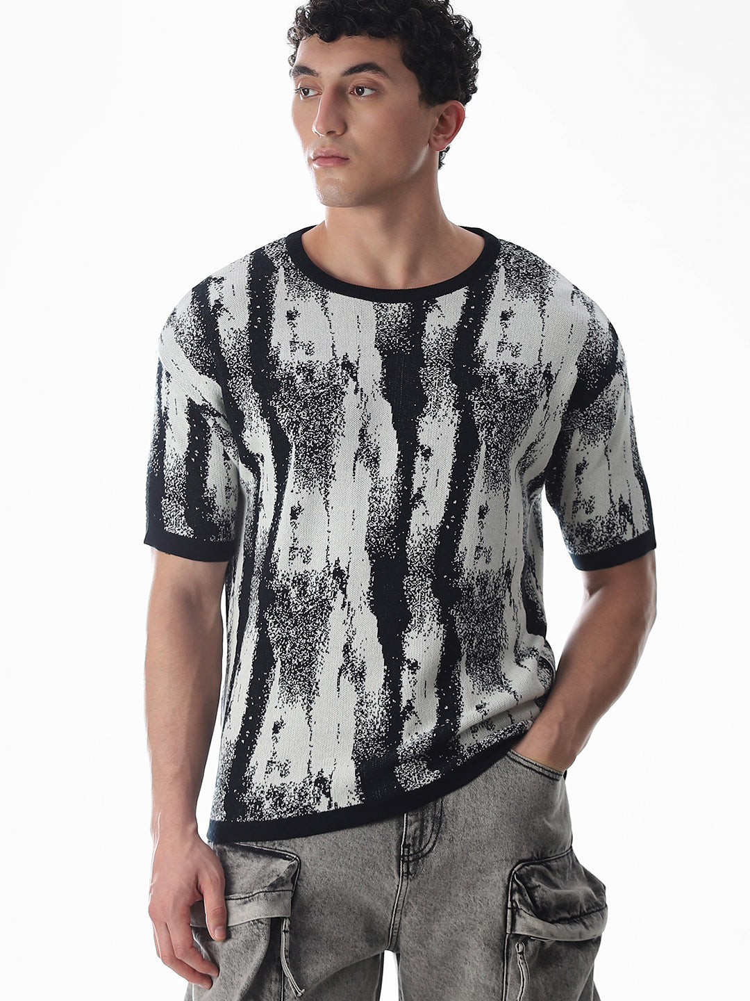 Black Printed Jacquard Boxy Fit Pullover - XS