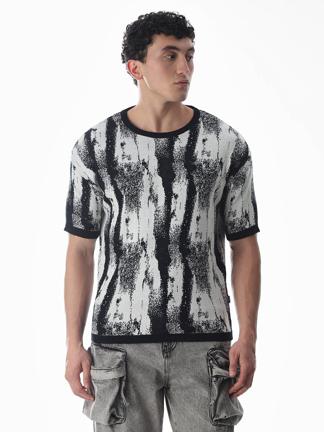 Black Printed Jacquard Boxy Fit Pullover