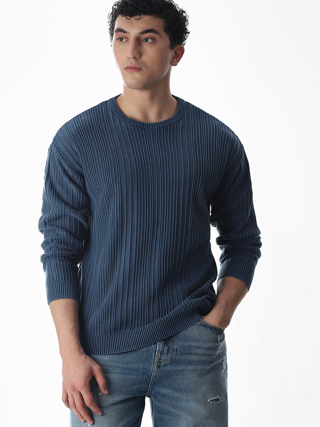 Light Wash Self-Design Pullover - S