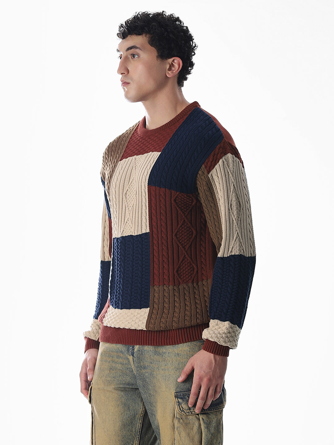 Brown Colourblocked Jacquard Pullover