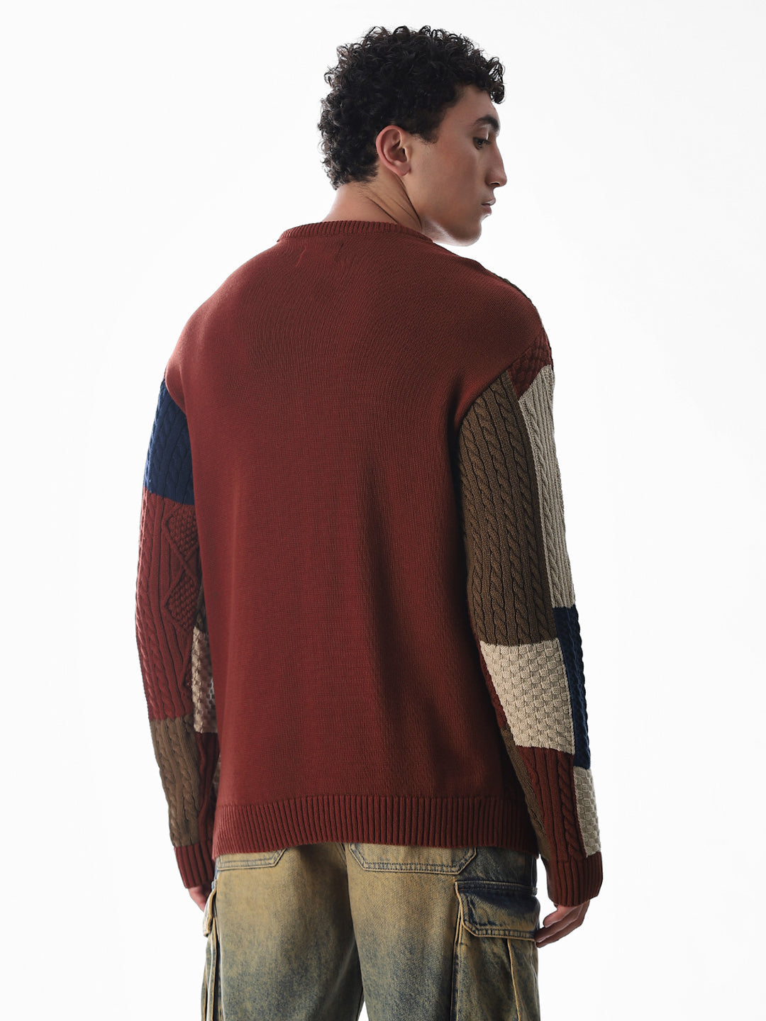 Brown Colourblocked Jacquard Pullover