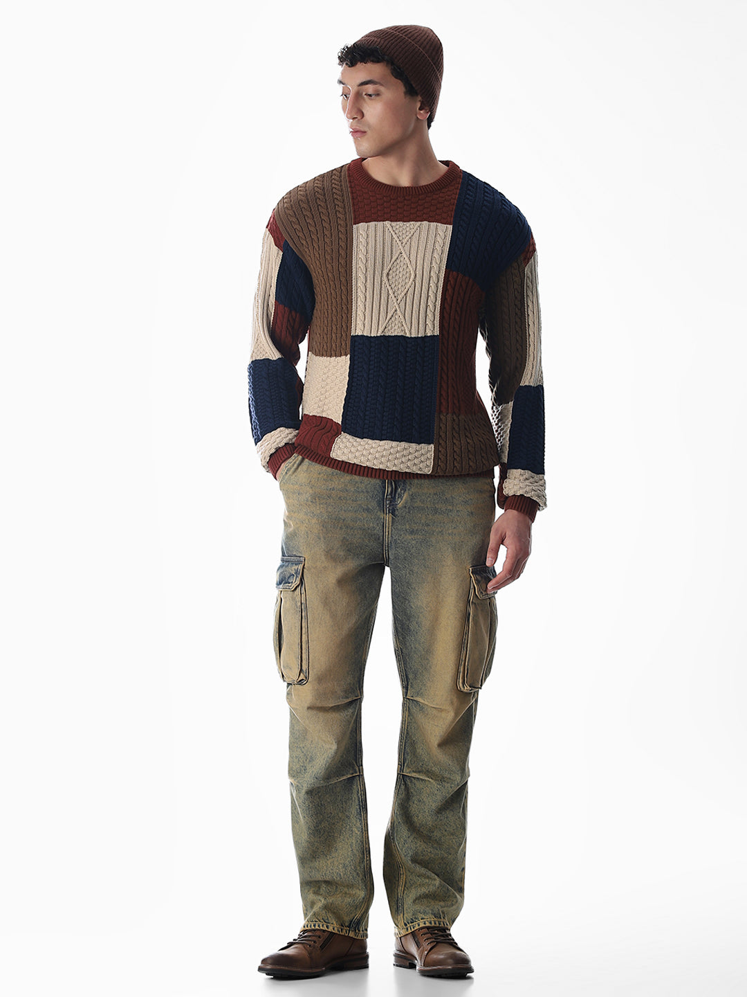 Brown Colourblocked Jacquard Pullover