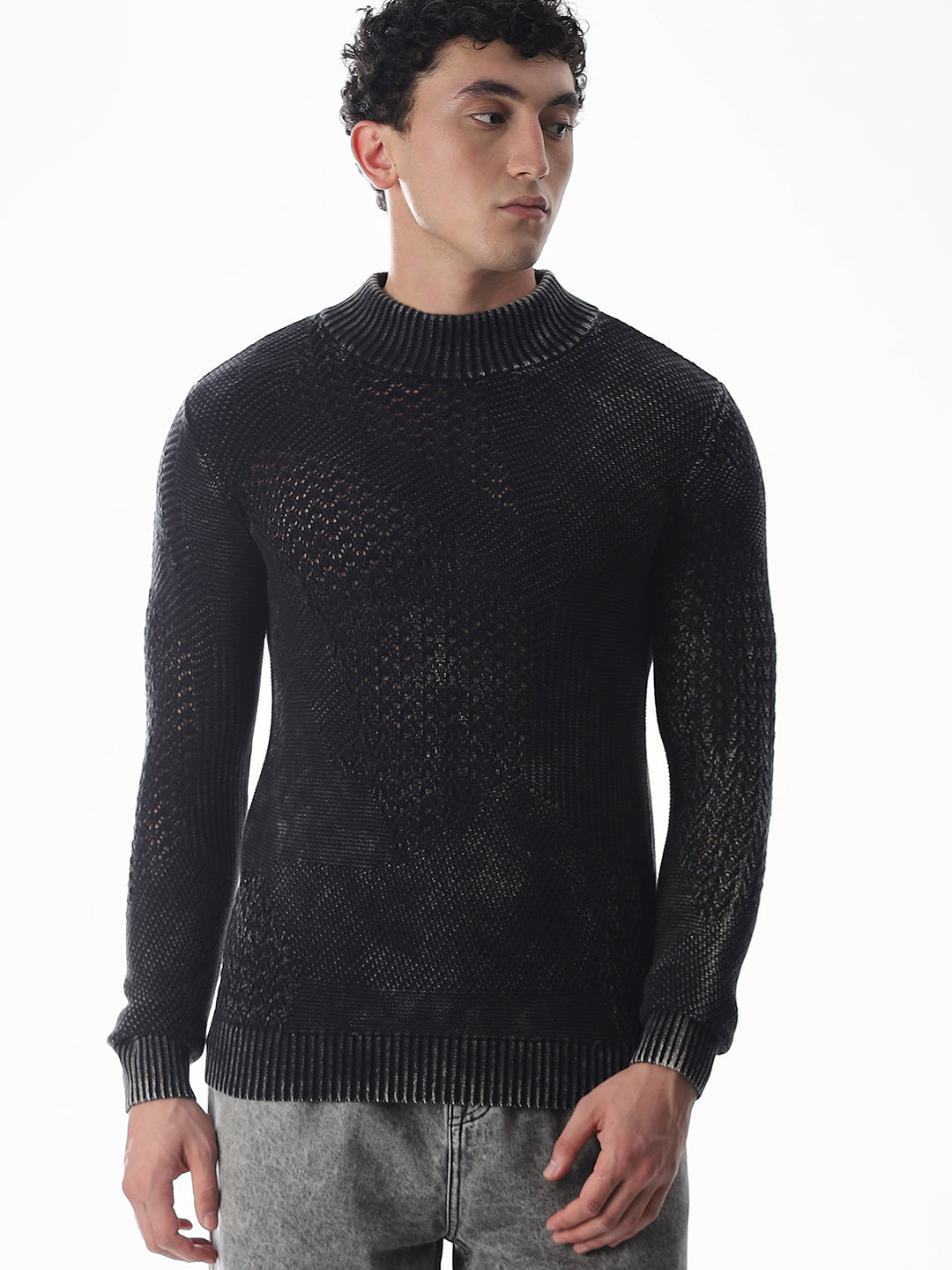 Black Knitted High Neck Pullover - S