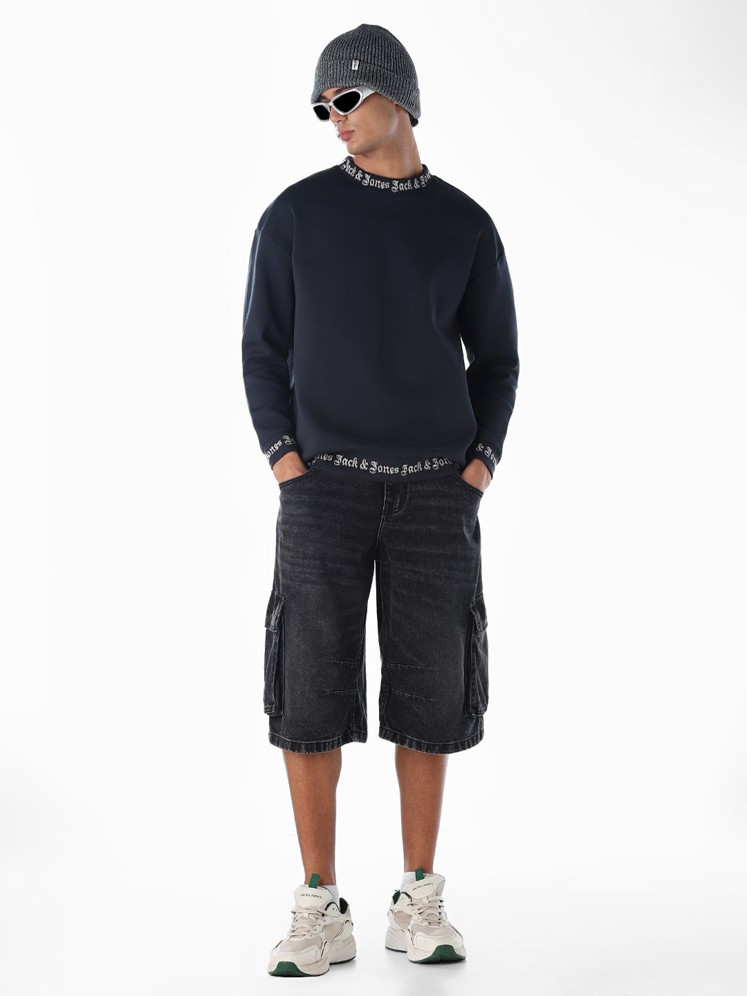 Dark Blue Logo Print Oversized Sweatshirt