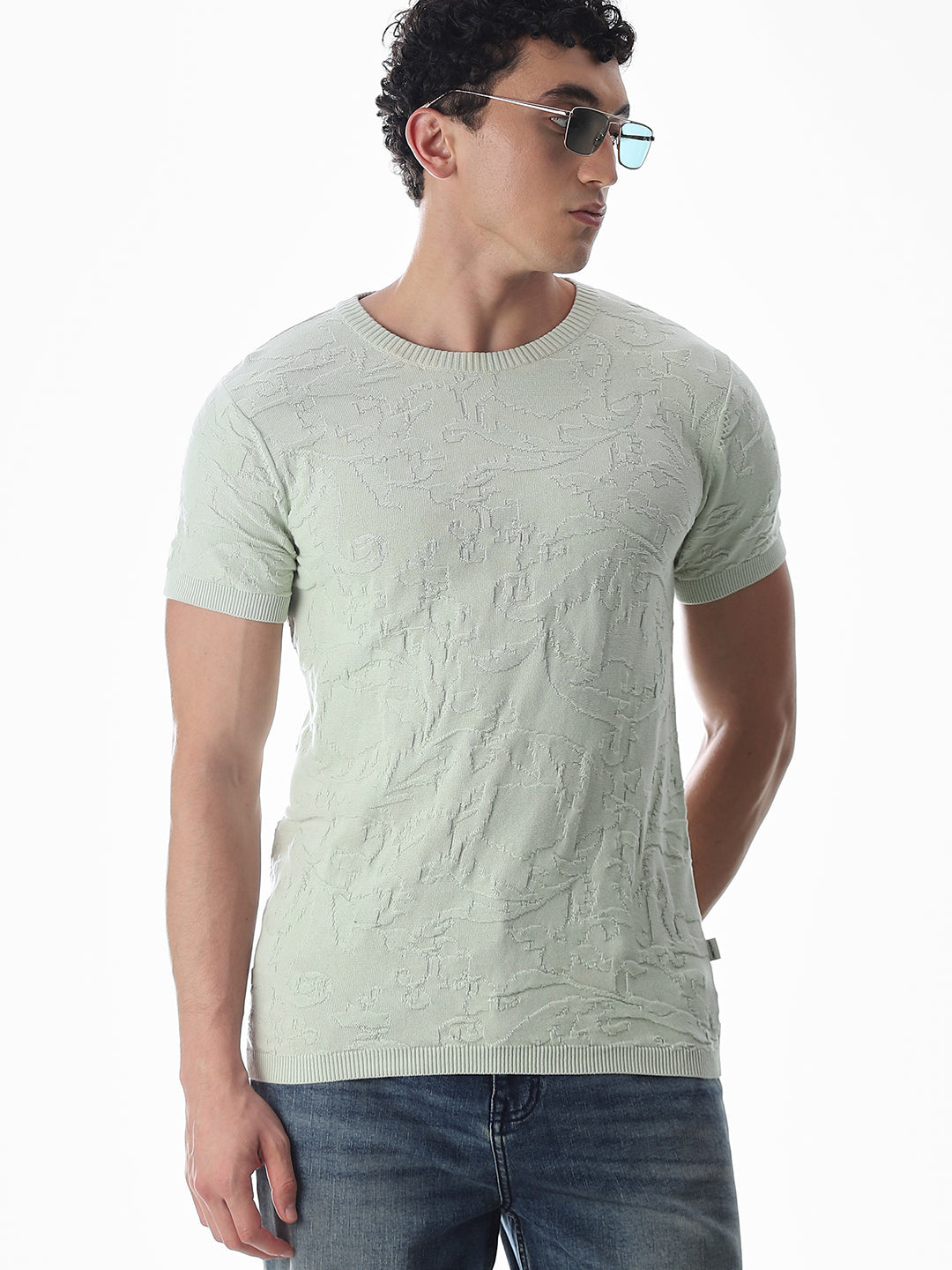 Green Jacquard Crew Neck T-shirt - M