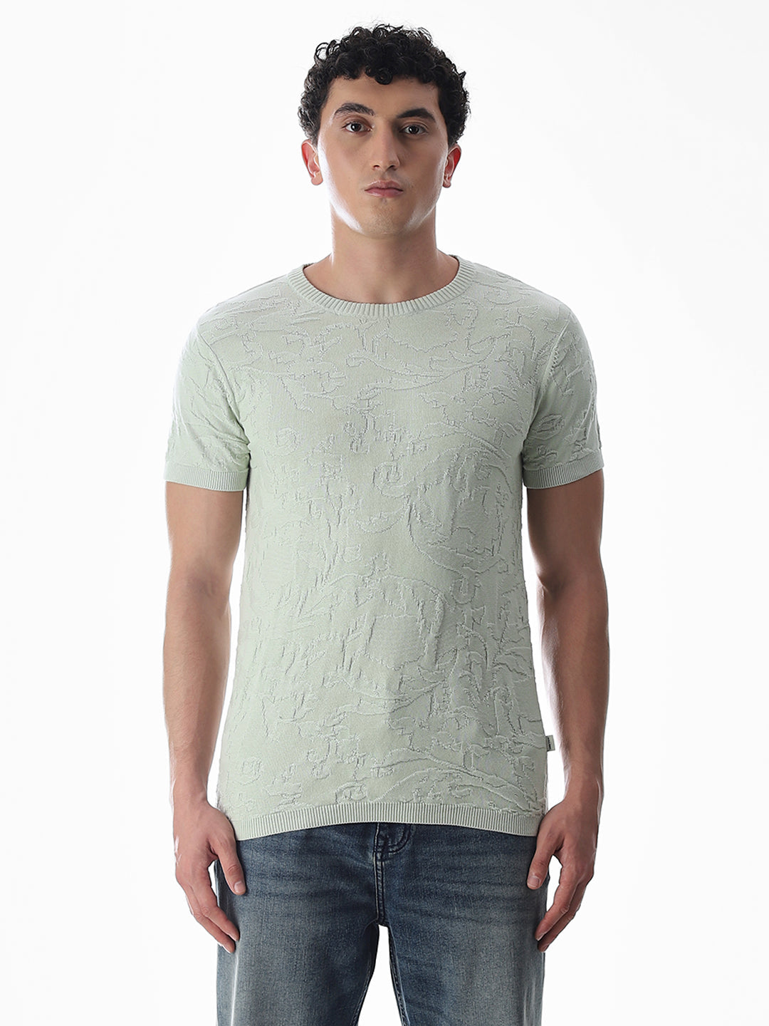 Green Jacquard Crew Neck T-shirt