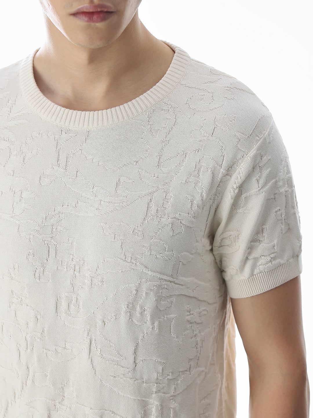 White Jacquard Crew Neck T-shirt